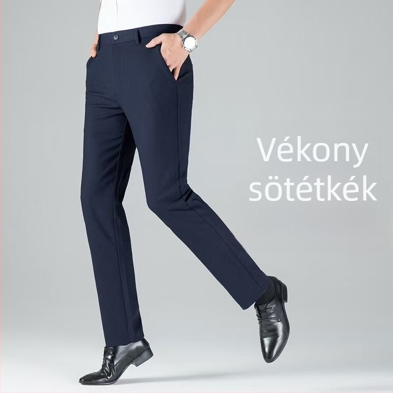 Férfiaknak szóló magas derékú, egyenes szabású nadrág, övvel, cipzárral záródó, vastag elasztikus poliészter anyag