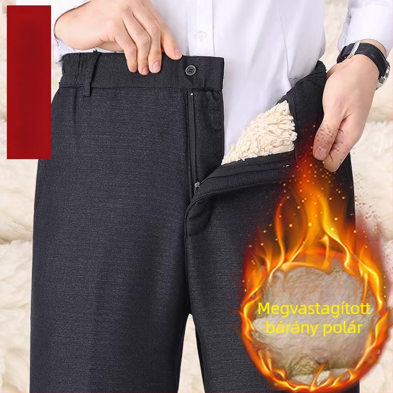 Téli férfi nadrág fleece-béléssel, meleg, egyenes szabás, magas derekú