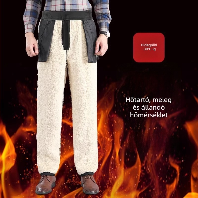 Téli férfi nadrág fleece-béléssel, meleg, egyenes szabás, magas derekú