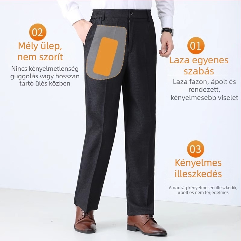 Téli férfi nadrág fleece-béléssel, meleg, egyenes szabás, magas derekú