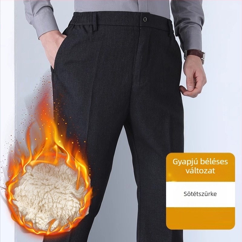 Téli férfi nadrág fleece-béléssel, meleg, egyenes szabás, magas derekú