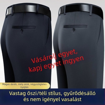 Férfiaknak szóló vastag őszi–téli üzleti casual nadrág, magas derék, egyenes szabás, 100% pamut, gyűrődésálló felület