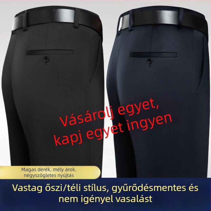Férfiaknak szóló vastag őszi–téli üzleti casual nadrág, magas derék, egyenes szabás, 100% pamut, gyűrődésálló felület