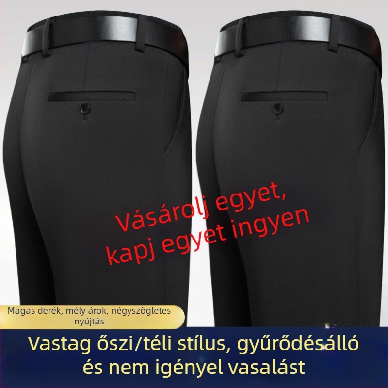 Férfiaknak szóló vastag őszi–téli üzleti casual nadrág, magas derék, egyenes szabás, 100% pamut, gyűrődésálló felület