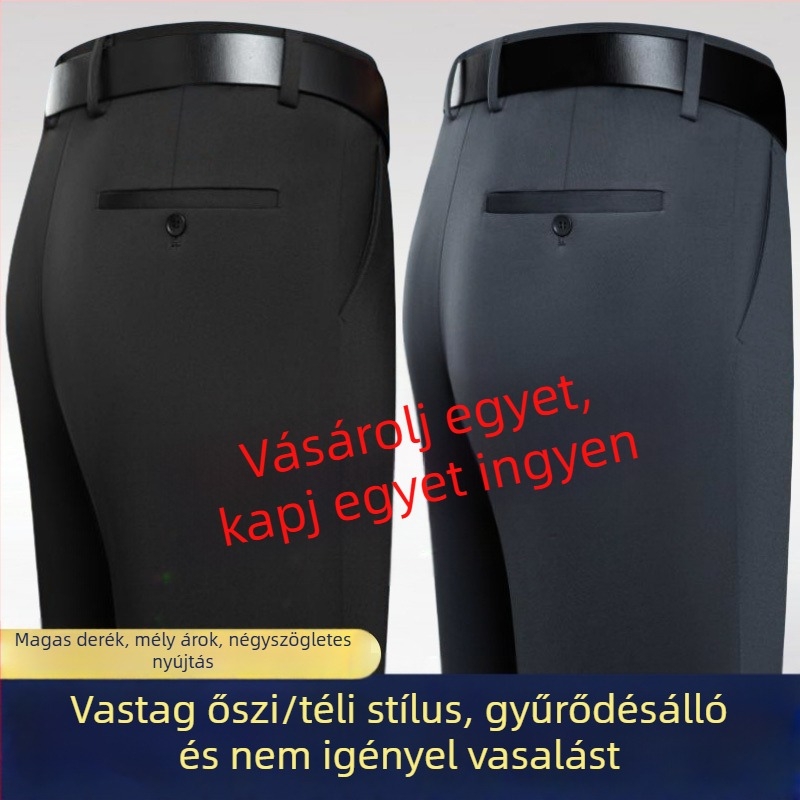 Férfiaknak szóló vastag őszi–téli üzleti casual nadrág, magas derék, egyenes szabás, 100% pamut, gyűrődésálló felület