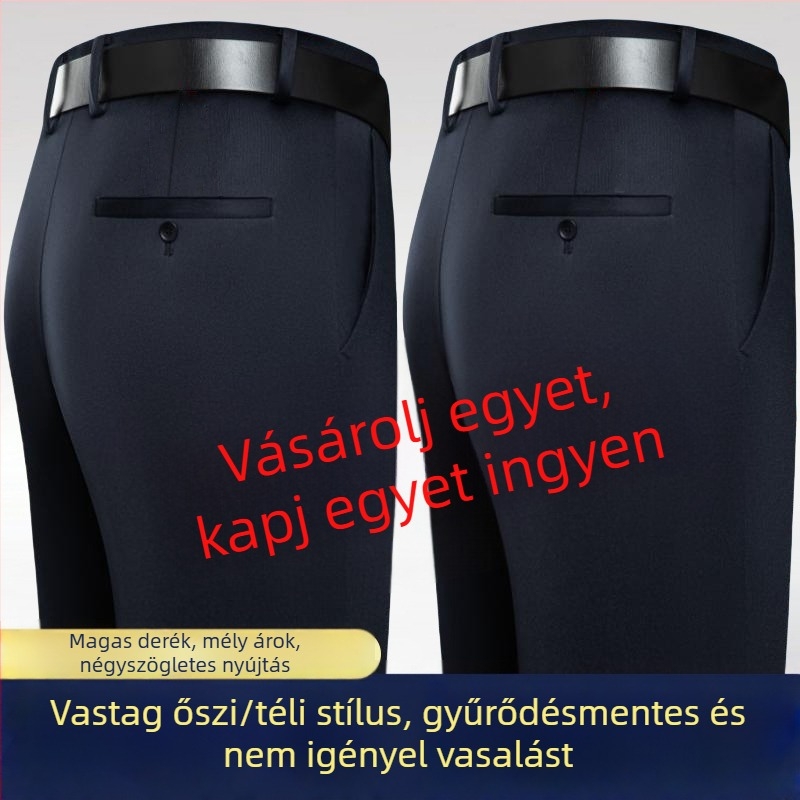 Férfiaknak szóló vastag őszi–téli üzleti casual nadrág, magas derék, egyenes szabás, 100% pamut, gyűrődésálló felület