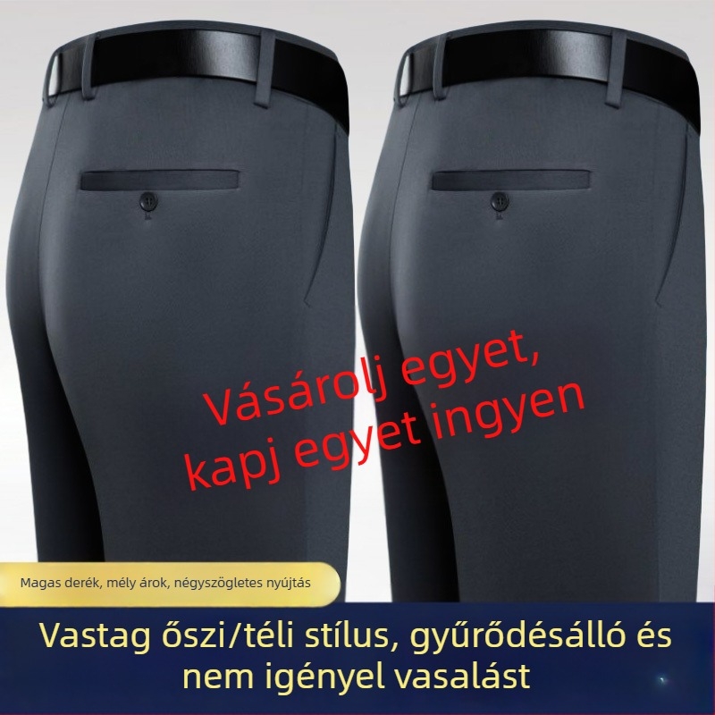 Férfiaknak szóló vastag őszi–téli üzleti casual nadrág, magas derék, egyenes szabás, 100% pamut, gyűrődésálló felület