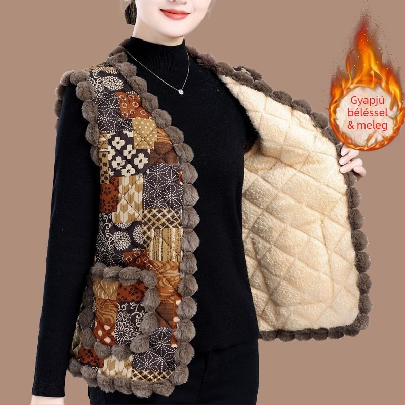Fleece-lével bélelt mellény középkorú és idősebb nőknek, őszi-téli meleg külső ruházat, vastag bélés