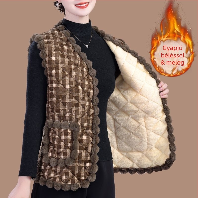 Fleece-lével bélelt mellény középkorú és idősebb nőknek, őszi-téli meleg külső ruházat, vastag bélés