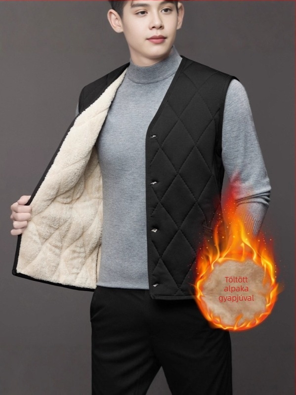 Téli férfi fleece-bevonatú kardigán mellény - V-nyak, Poliészter anyag, Egyenes szegély, Patch zsebek