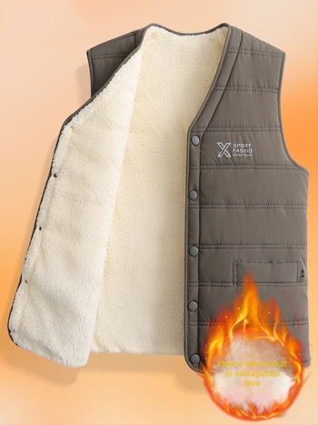 Férfi ujjatlan mellény középkorúaknak, téli 2025 modell, töltet poliészter, külső poliészter anyag, bélés acetát, zárás snap gombbal, beépített zsebek, szabad szabás