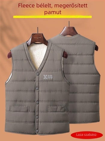 Férfi ujjatlan mellény középkorúaknak, téli 2025 modell, töltet poliészter, külső poliészter anyag, bélés acetát, zárás snap gombbal, beépített zsebek, szabad szabás