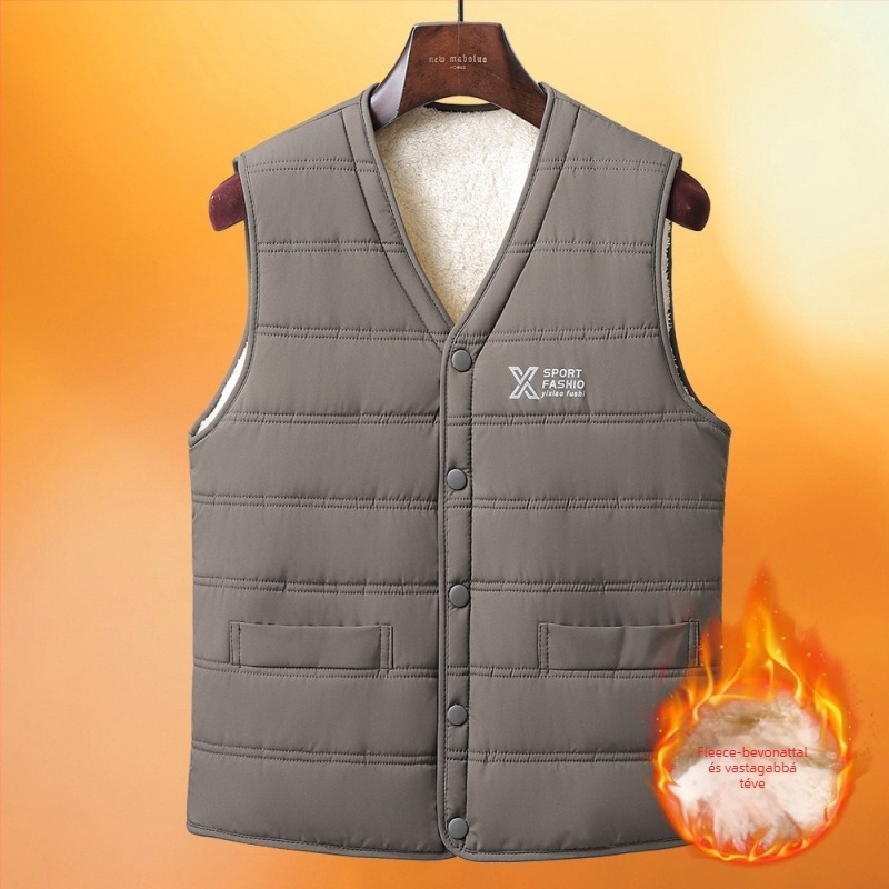 Férfi ujjatlan mellény középkorúaknak, téli 2025 modell, töltet poliészter, külső poliészter anyag, bélés acetát, zárás snap gombbal, beépített zsebek, szabad szabás