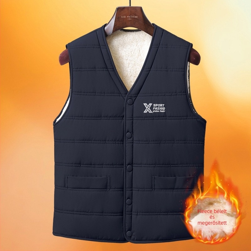 Férfi ujjatlan mellény középkorúaknak, téli 2025 modell, töltet poliészter, külső poliészter anyag, bélés acetát, zárás snap gombbal, beépített zsebek, szabad szabás
