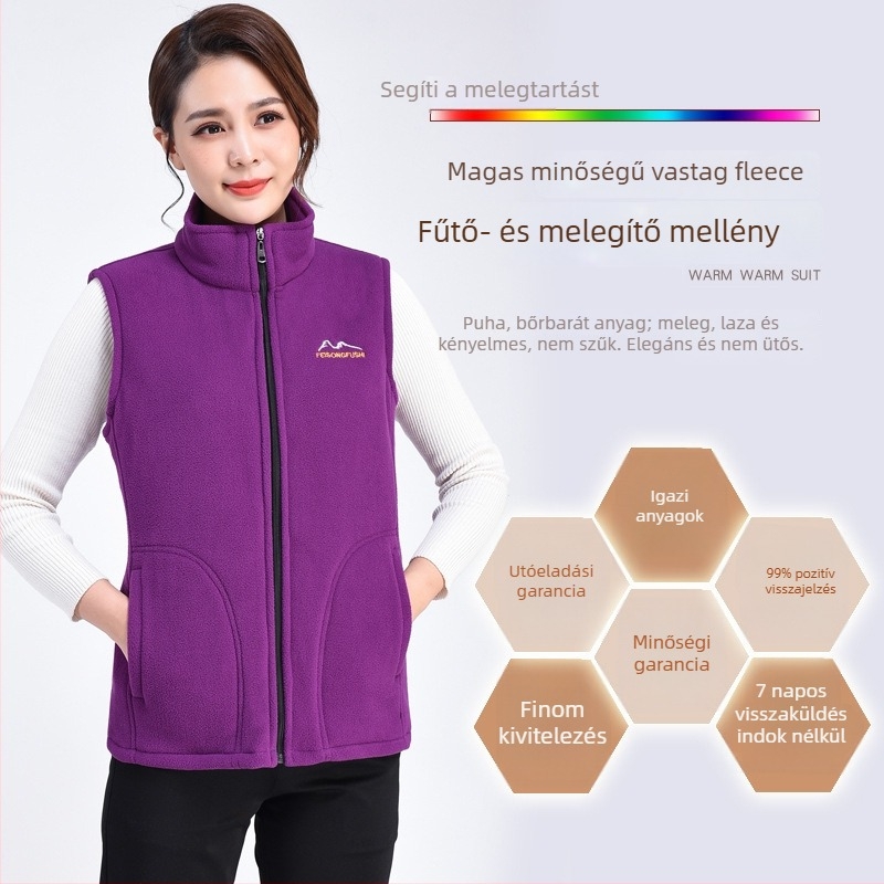 Női polár fleece mellény, béléses fleece, álló gallérral, cipzáras zárás, lazán szabott