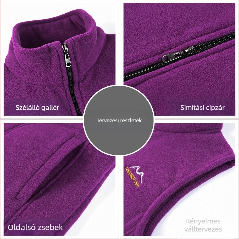 Női polár fleece mellény, béléses fleece, álló gallérral, cipzáras zárás, lazán szabott