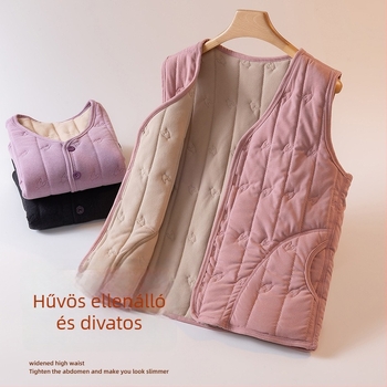 Női fleece‑bélelt mellény, őszi-téli 2025, elegáns városi stílus, houndstooth minta, anyag viszkóz-poliészter (90–95% poliészter), középmagas hosszúság