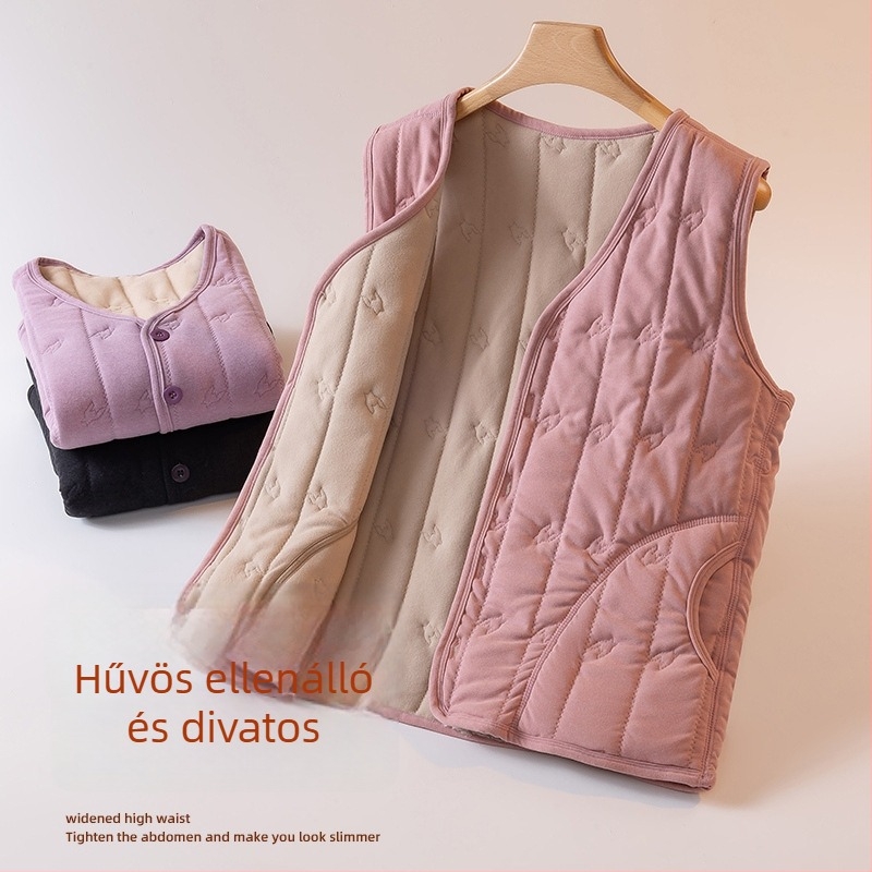 Női fleece‑bélelt mellény, őszi-téli 2025, elegáns városi stílus, houndstooth minta, anyag viszkóz-poliészter (90–95% poliészter), középmagas hosszúság