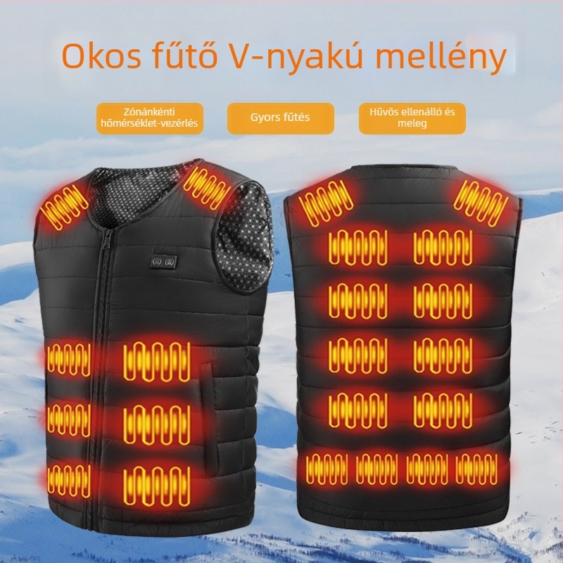 Unisex elektromos fűtésű mellény USB töltéssel és intelligens hőmérséklet-szabályozással, V-nyakú, téli önmelegítő mellény