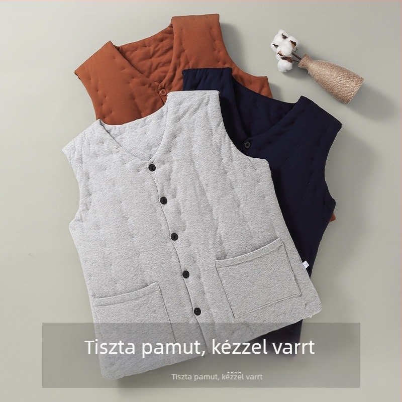 Téli pamut tömött mellény középkorú és idős férfiak számára, bő szabású, pamut külső és pamut bélés