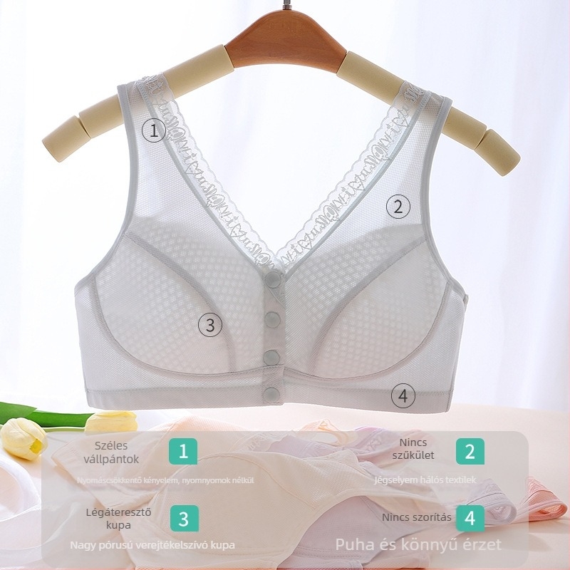 Melltartó drótok nélküli, mellény-stílusú, teljes kosár, vékony formázott kosár, előre záródó csat, légáteresztő nylon anyag