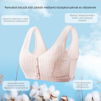 Középkorúak és idős nők számára készült melltartó, légáteresztő pamut anyag, teljes kosár, vékony formázott kosár, elülső zár, rögzített dupla vállpántok