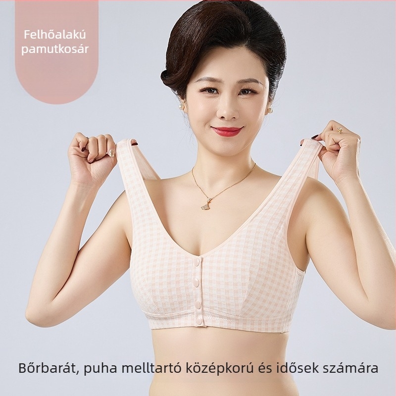 Középkorúak és idős nők számára készült melltartó, légáteresztő pamut anyag, teljes kosár, vékony formázott kosár, elülső zár, rögzített dupla vállpántok