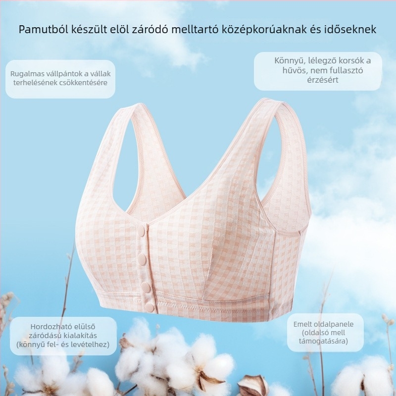Középkorúak és idős nők számára készült melltartó, légáteresztő pamut anyag, teljes kosár, vékony formázott kosár, elülső zár, rögzített dupla vállpántok