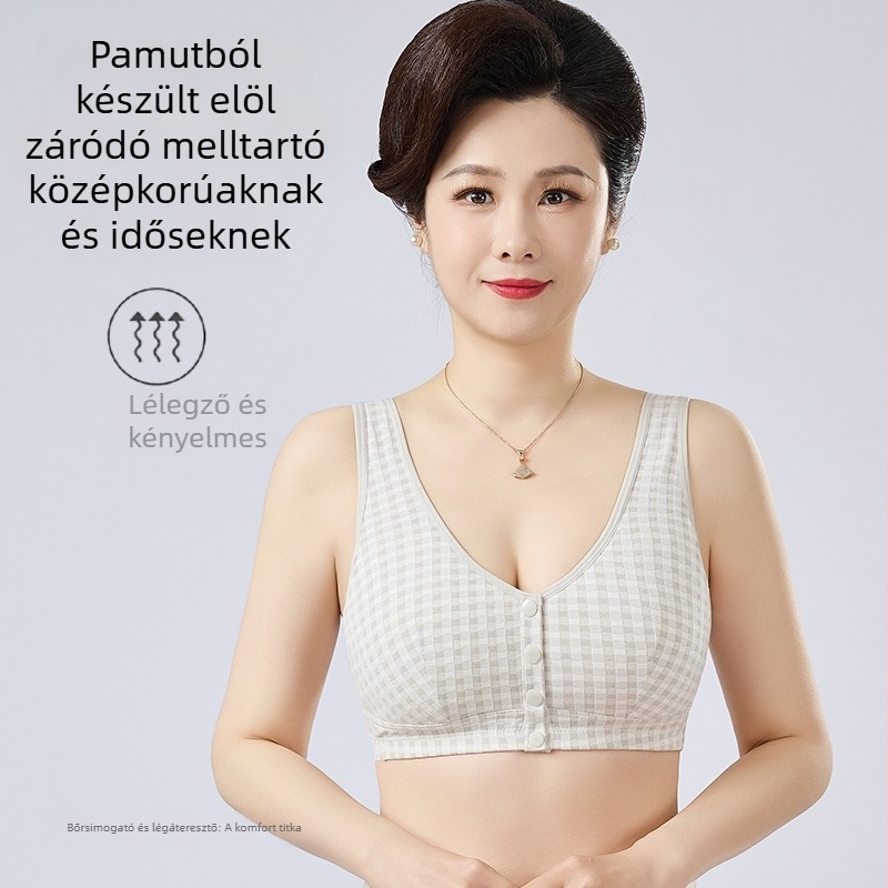 Középkorúak és idős nők számára készült melltartó, légáteresztő pamut anyag, teljes kosár, vékony formázott kosár, elülső zár, rögzített dupla vállpántok