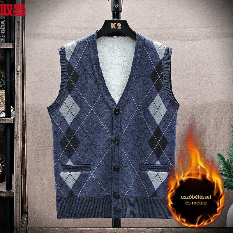 Férfi fleece mellény gombos, gallér nélküli, egyenes szabású, vastag fleece bélés