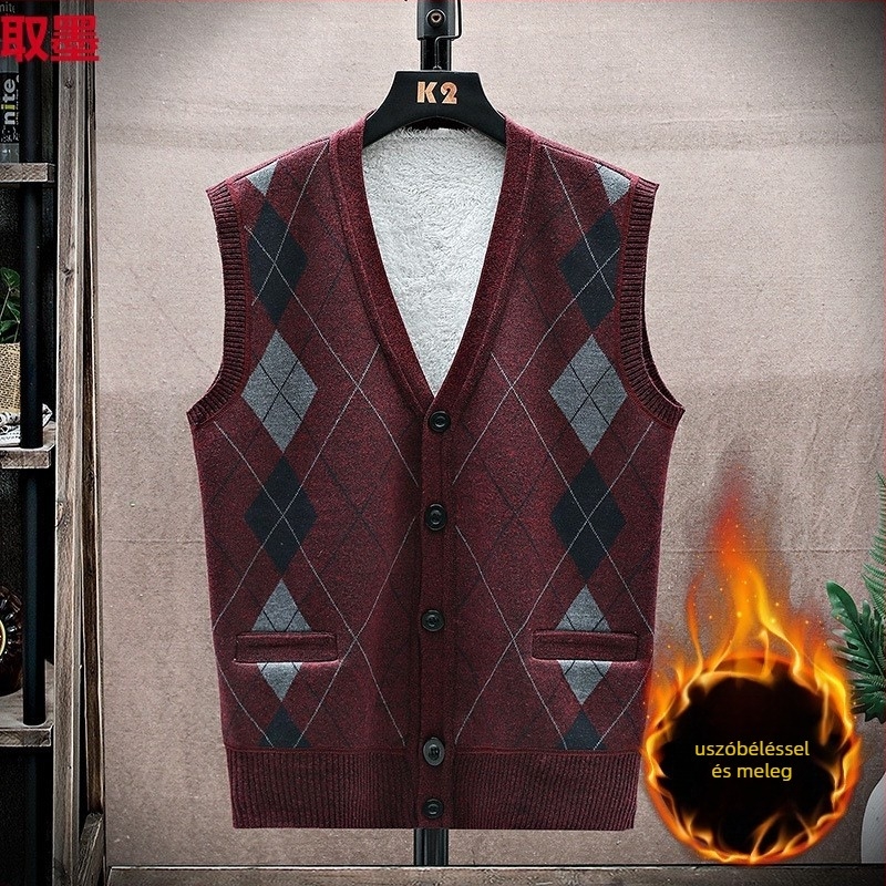 Férfi fleece mellény gombos, gallér nélküli, egyenes szabású, vastag fleece bélés