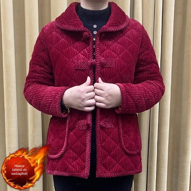 Női téli kabát pamut-töltettel és fleece-béléssel, 3/4-ujjú, nyugati stílusú meleg felső