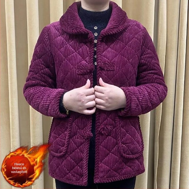 Női téli kabát pamut-töltettel és fleece-béléssel, 3/4-ujjú, nyugati stílusú meleg felső