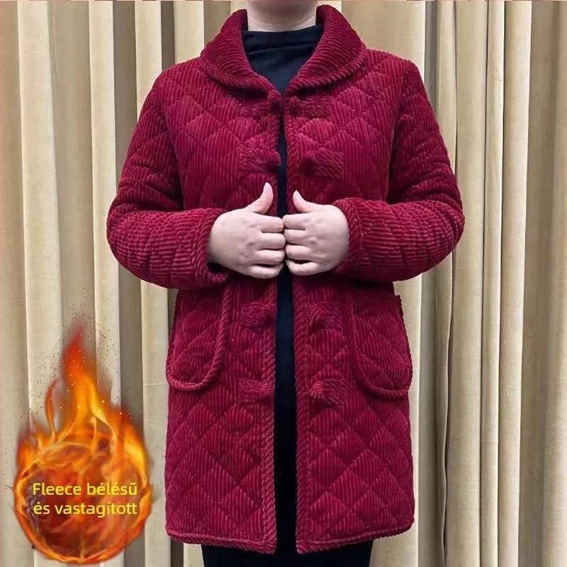 Női téli kabát pamut-töltettel és fleece-béléssel, 3/4-ujjú, nyugati stílusú meleg felső