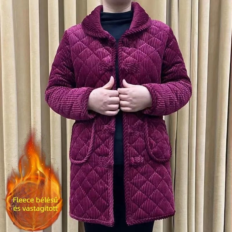 Női téli kabát pamut-töltettel és fleece-béléssel, 3/4-ujjú, nyugati stílusú meleg felső