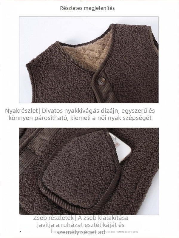 Középkorú és idős nőknek: tavasz–ősz mellény granulált velúrral és fleece-béléssel, kávé színű