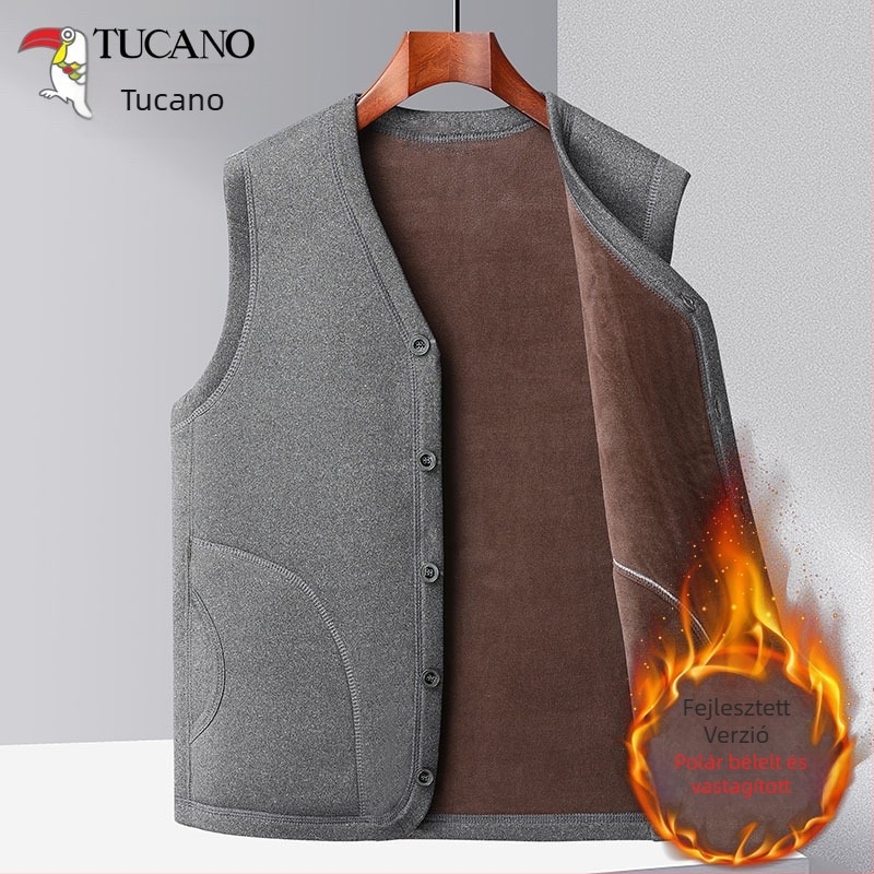 Pamut mellény fleece-béléssel, kapucnival, vastag téli modell középkorú férfiak számára