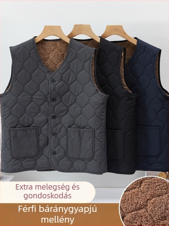 Férfi vastag fleece mellény rácsos mintával, V-nyakú, zsebes, kapucni nélkül, téli meleg