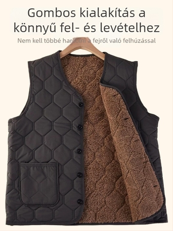 Férfi vastag fleece mellény rácsos mintával, V-nyakú, zsebes, kapucni nélkül, téli meleg