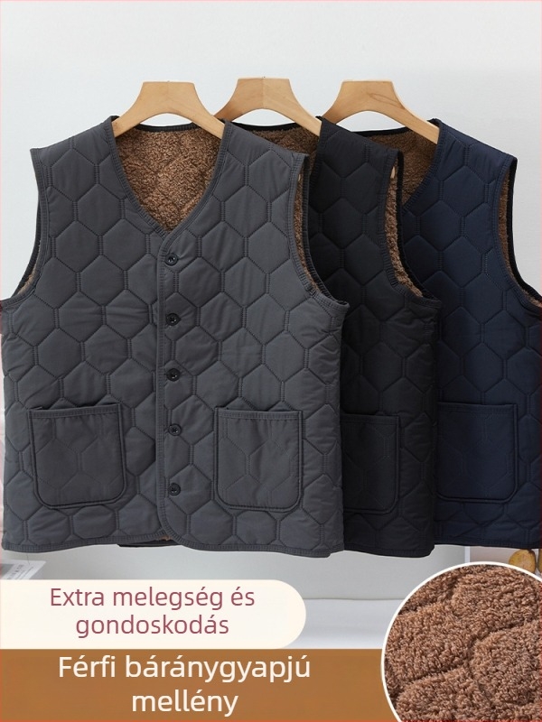 Férfi vastag fleece mellény rácsos mintával, V-nyakú, zsebes, kapucni nélkül, téli meleg