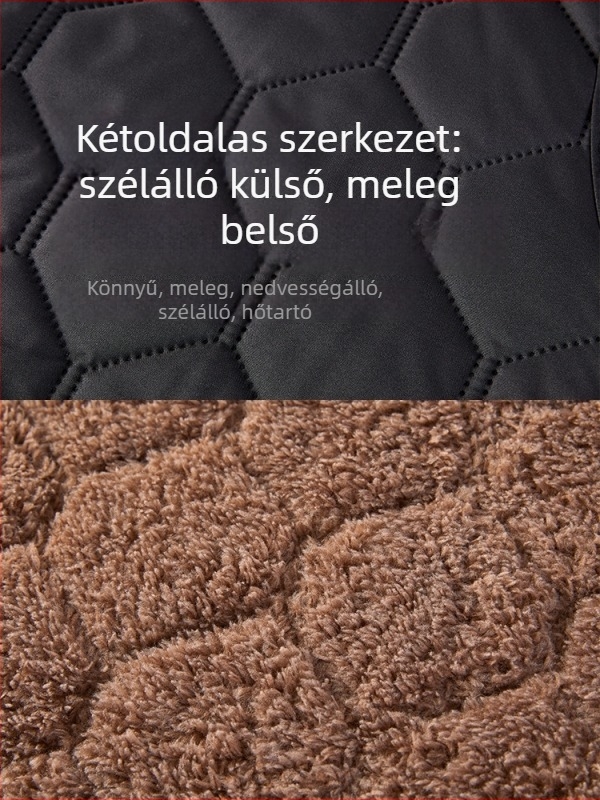 Férfi vastag fleece mellény rácsos mintával, V-nyakú, zsebes, kapucni nélkül, téli meleg