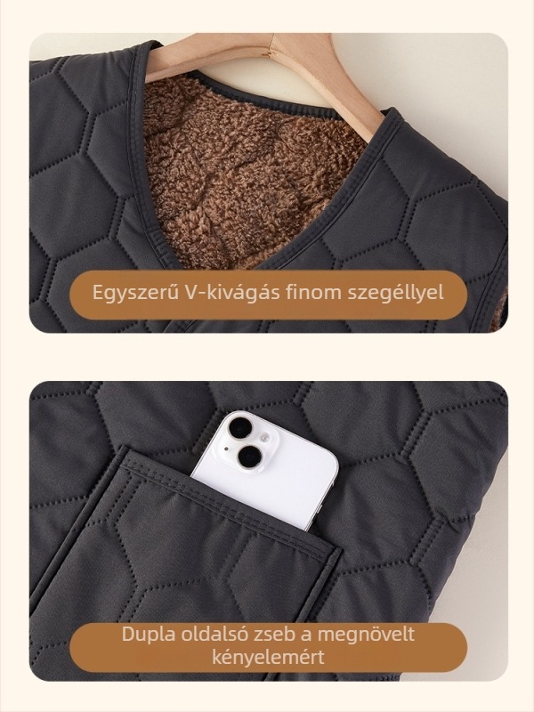 Férfi vastag fleece mellény rácsos mintával, V-nyakú, zsebes, kapucni nélkül, téli meleg