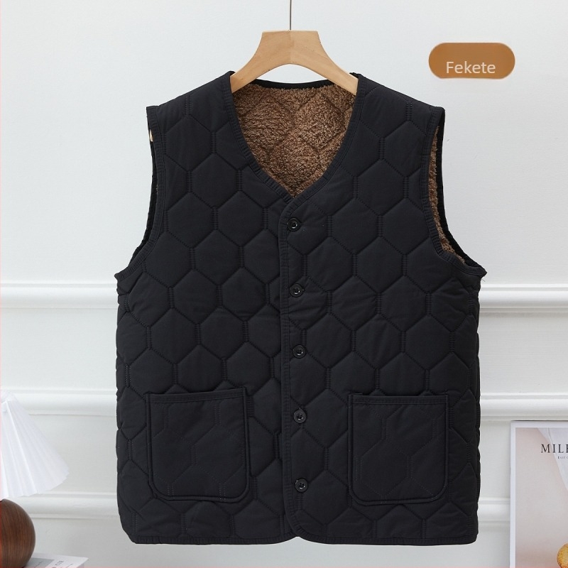 Férfi vastag fleece mellény rácsos mintával, V-nyakú, zsebes, kapucni nélkül, téli meleg