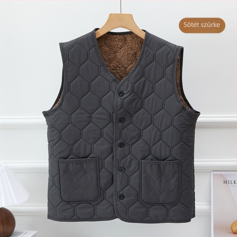Férfi vastag fleece mellény rácsos mintával, V-nyakú, zsebes, kapucni nélkül, téli meleg