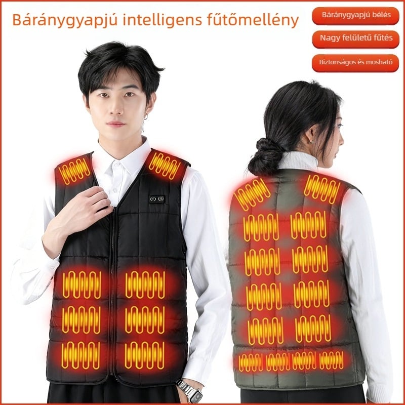Téli melegítő mellény báránygyapjú fleece-ből, V-nyakú, vastagított elektromos fűtés