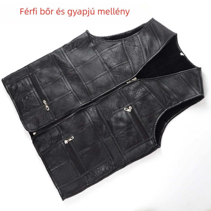 Férfi téli gyapjú mellény prémes béléssel és fleece-sel, csíkos mintázat, V-nyakú, elöl cipzár, kapucni nélkül, laza szabás, plusz méret