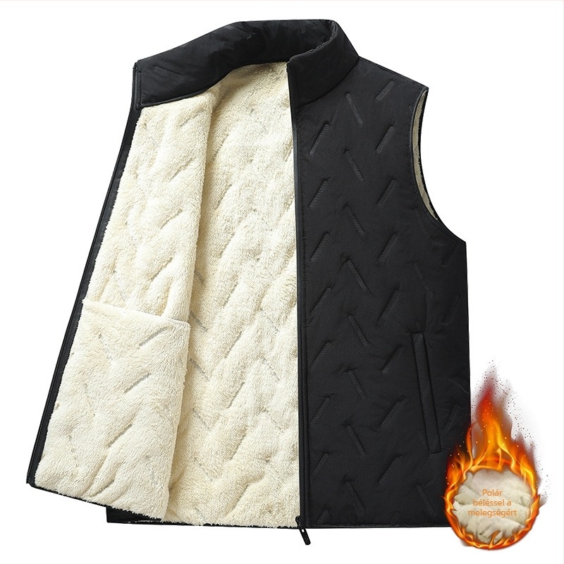 Férfi mellény fleece béléssel, álló gallér, cipzár, lazább szabás, cipzáras zsebek