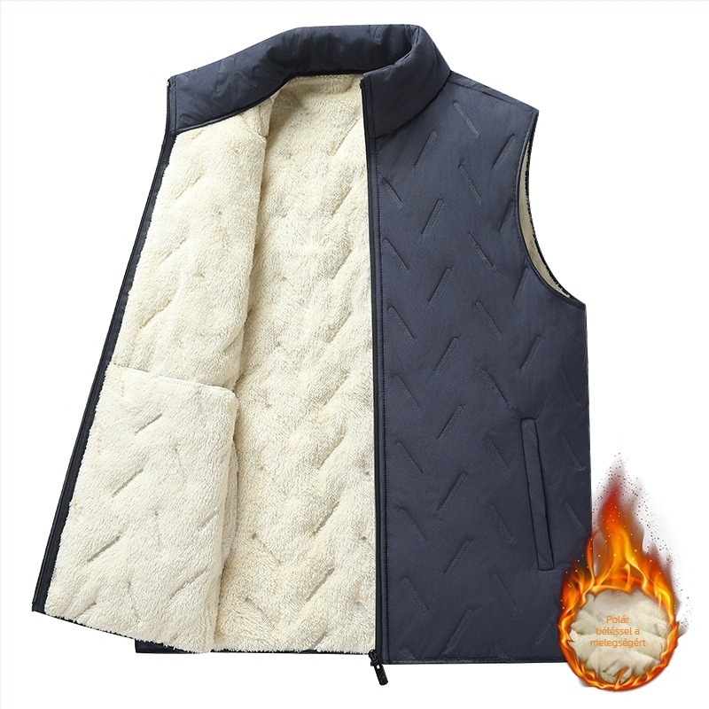 Férfi mellény fleece béléssel, álló gallér, cipzár, lazább szabás, cipzáras zsebek