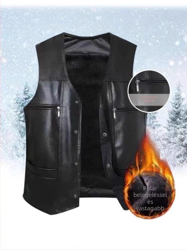 Férfi fleece mellény téli melegen vastagított kivitelben, gallér nélküli, lazább szabás, előről záródó egy sor gombbal, három patch zsebbel