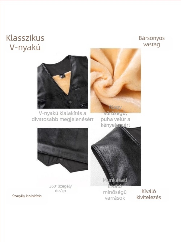 Férfi fleece mellény téli melegen vastagított kivitelben, gallér nélküli, lazább szabás, előről záródó egy sor gombbal, három patch zsebbel